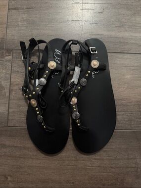 Wild Pair Black T-Strap Sandals with Mixed Metal Studs